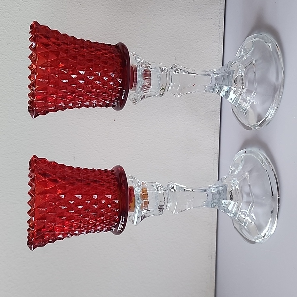 Set of 2 Glass Candle Holders with Red Votive Sconce Cups with Fitting Holders.